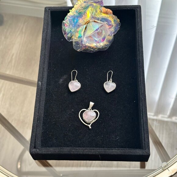 Heart-Shaped Rose Quartz Earrings & Pendant Set In Silver 925 Frame Handmade & C - Picture 6 of 9